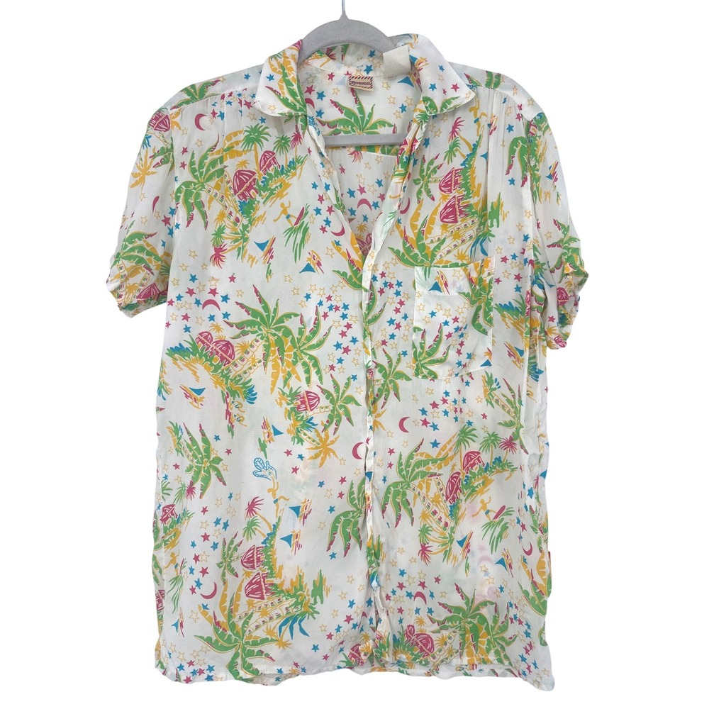 Vintage Fiorucci Shirt Women M Tropical Palm Tree Celestial 80s Made Italy Sheer